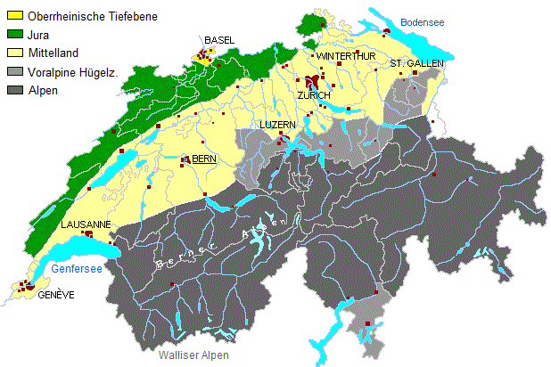 Karte der wichtigsten Landschaften der Schweiz: Alpen, Jura, Mittelland