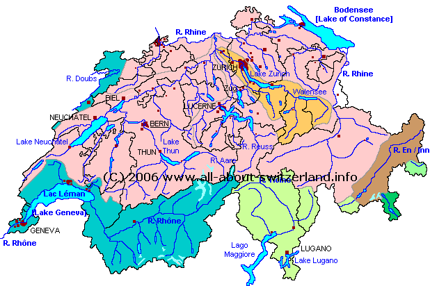 Karte der Schweizer Flüsse Linth, Limmat, Sihl