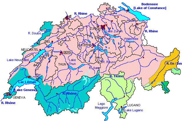 Karte der Schweizer Flüsse: Einzugsgebiet des Inns